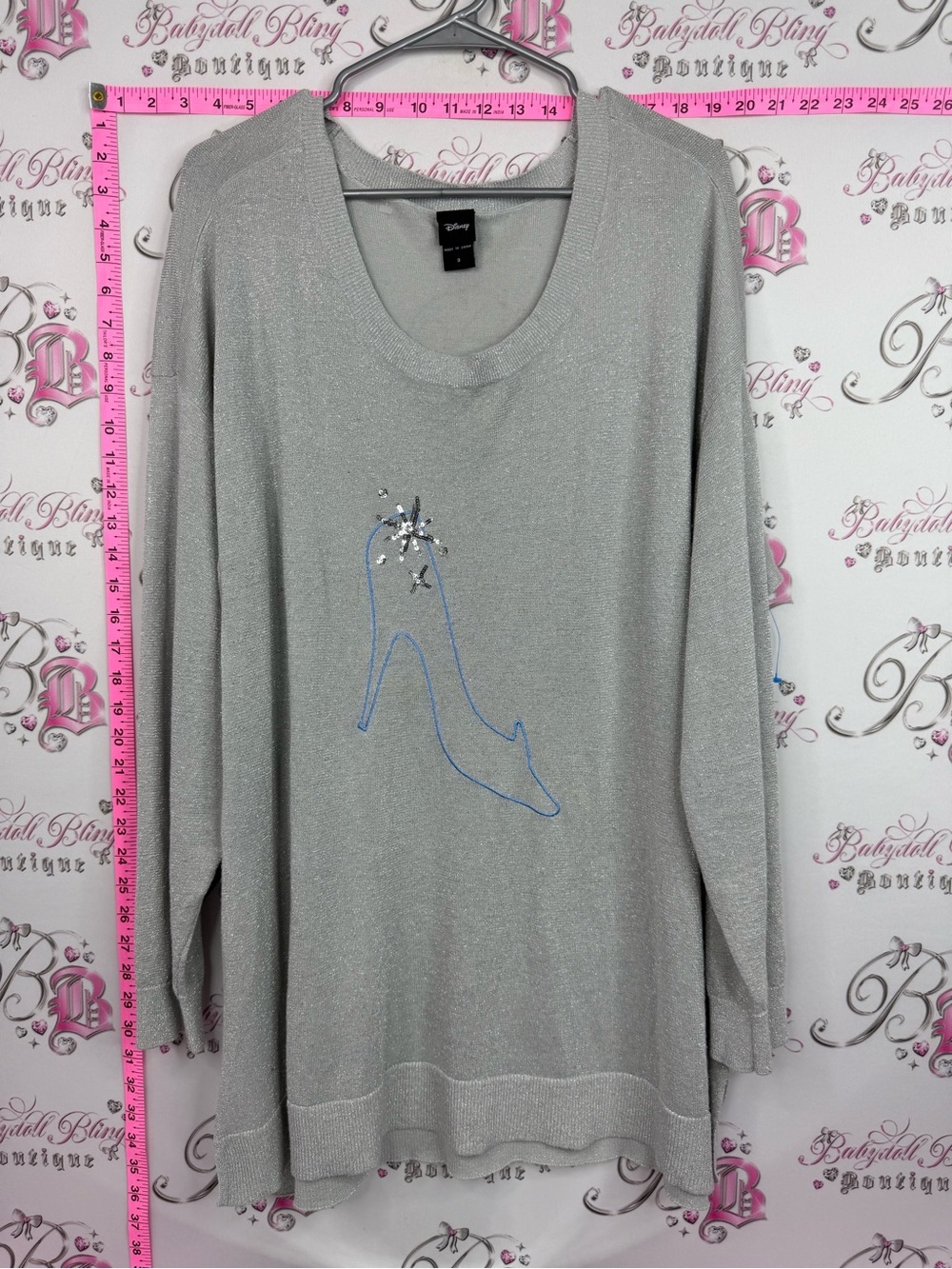 Disney Cinderella sweater Silver Glitter Long Sleeve Top with Blue Shoe Appliqué